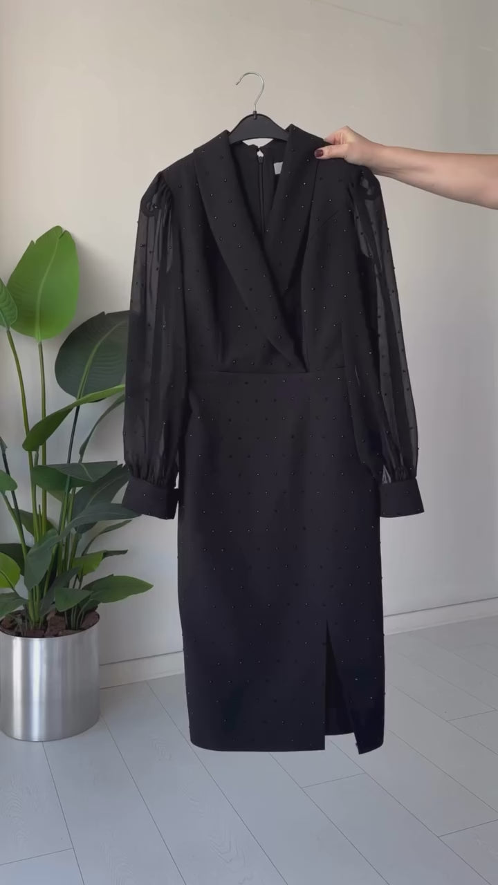 Elegant Black Sheer Sleeve Midi Dress with Stud Detail – Chic Evening & Office Wear