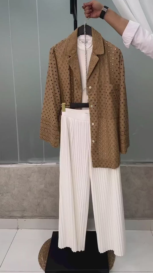 Mocha Cutout Blazer & White Pleated Wide-Leg Pant Set