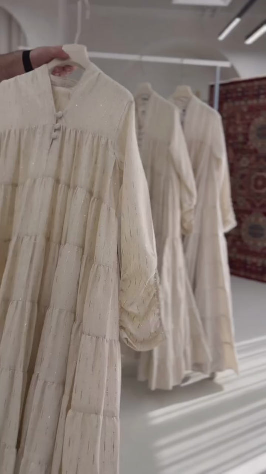 Elegant Ivory Tiered Cotton Dress | Boho Flowy Maxi with Buttoned Yoke